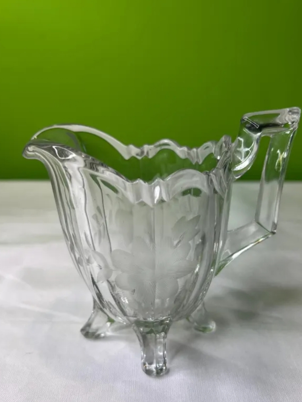 Vintage Clear Cut Indiana Glass 4 Footed Creamer with Etched Floral Design